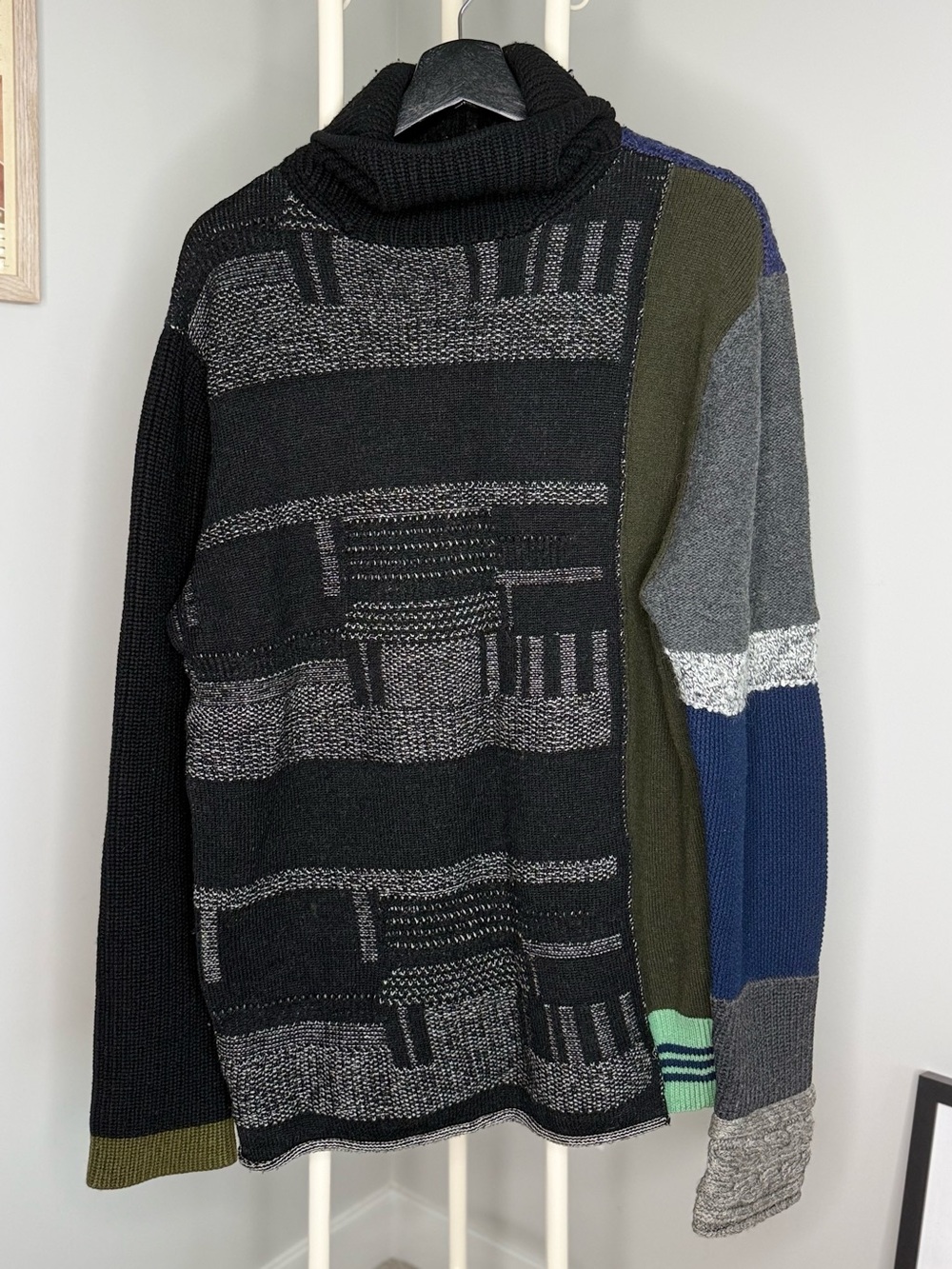 Y-3 Men's Black Patchwork Turtleneck Sweater with Olive & Navy Accents